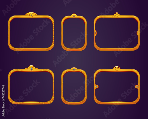 Set of isolated vector frames. Gold or wooden frame template. Game design, UI design, A4 frame. Carved frame with rounded corners, inlaid with jewelry stones. Mockup frame, place text, cartoon pattern