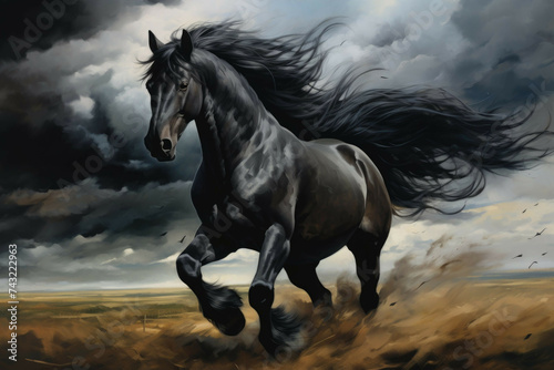 Fototapete Majestic black horse galloping in an open field