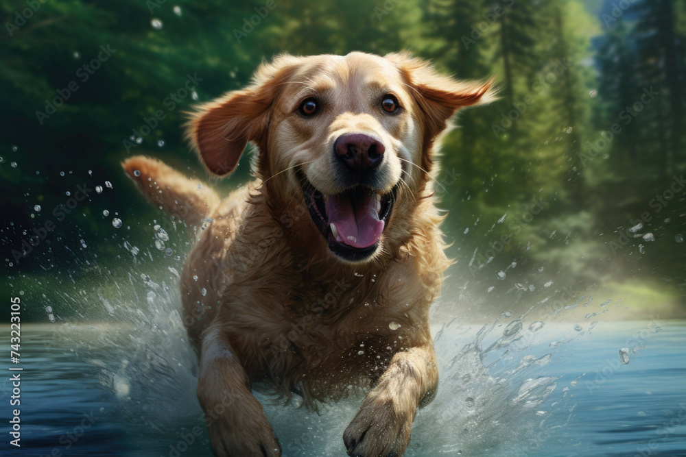 Joyful labrador retriever jumping into a lake