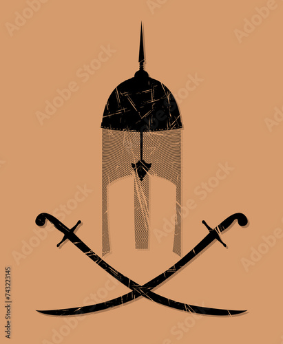 Ottoman warrior helm and swords, vector grunge effect