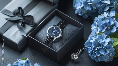A men's watch in a gift box and flowers in a visually appealing layout that will draw attention to the central message or theme of the greeting. © Светлана Канунникова