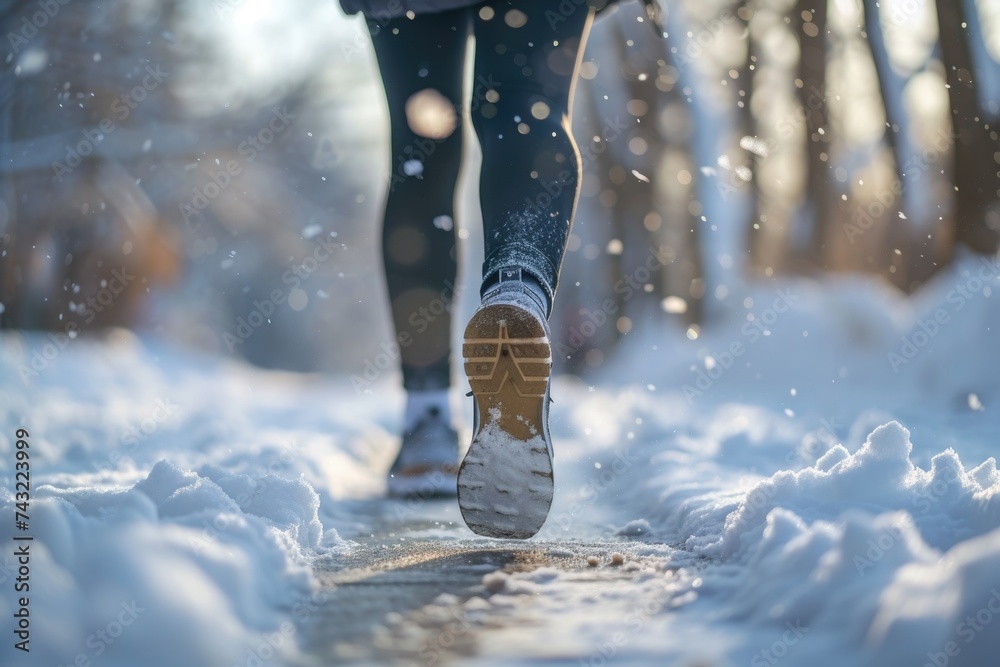 Back view of womens legs with sport shoes jogging on snowy trail Back view of womens legs with sport shoes jogging on snowy trail