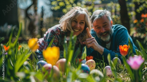 Couple of senior man and woman sitting or lying in the garden in the grass covered with spring flowers and colored Easter eggs, they look happy and smile, having fun and a great time together photo