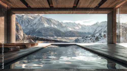 Penthouse interior and surrounding mountain landscape. Close-up shots to highlight elements such as wood grain  stone surfaces  luxurious fabrics and architectural features