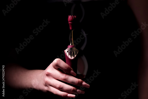 Burgundy stylish dildo for masturbation in a girl’s hand on a black background. Nozzle for clitoral stimulation. Splashing water from the nozzle. Sex shop Adult store