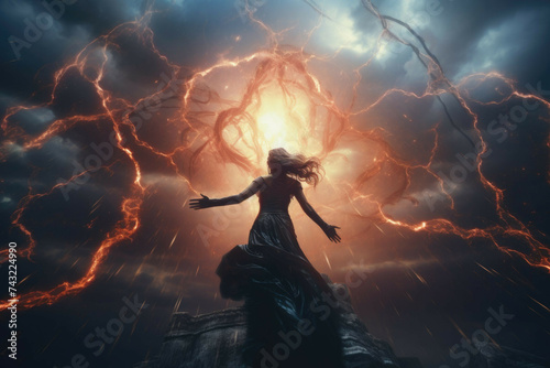 Powerful sorceress summoning storm with outstretched hands on mountaintop.