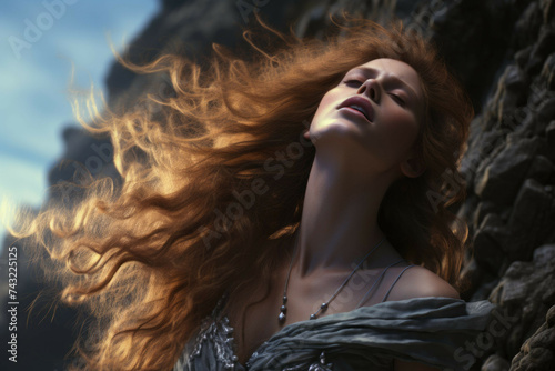 Beautiful siren with flowing hair singing on rocky shore.
