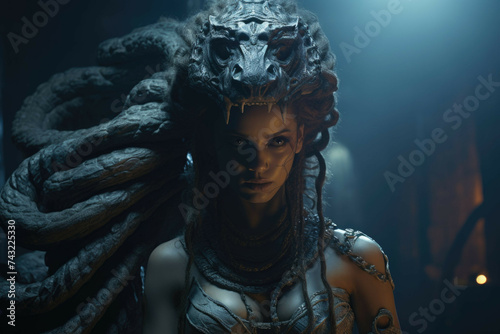 Mythical gorgon turning man to stone with petrifying gaze.