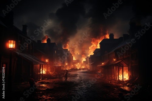 A street in a city is on fire. The buildings are engulfed in flames and the smoke is thick in the air. The street is littered with debris and there are no people in sight.