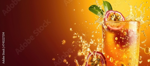A glass filled with freshly squeezed orange juice, enhanced by a splash of water. A halved passionfruit rests on the rim, adding a touch of visual appeal. photo