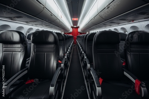 Rows of empty black leather seats in a modern airplane cabin with red seatbelts and overhead lighting, creating a sleek and stylish interior design.