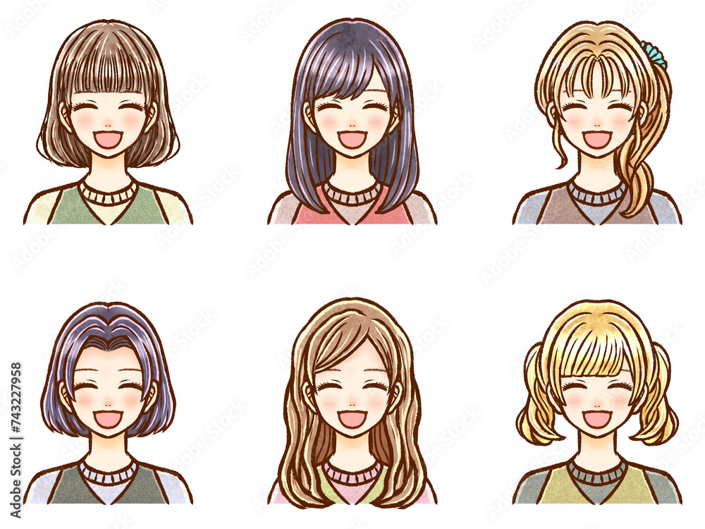 様々な髪型の笑顔の大人女性のイラスト素材セット 様々な髪型の笑顔の大人女性のイラスト素材セット