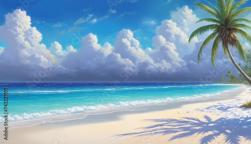 A tropical paradise  a beach with palm tree  blue sky  and waves crashing on the sand