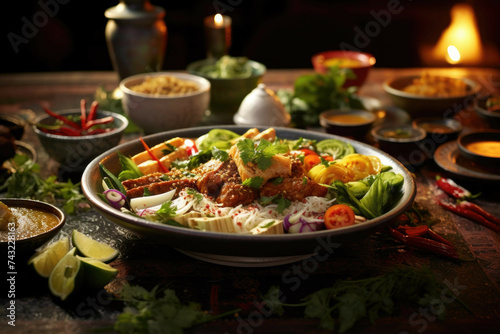 Beautifully arranged plate with a fusion of Asian and Western dishes on a rustic wooden table.