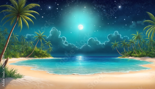 A beautiful and peaceful nighttime scene of a tropical beach with full moon, palm trees, and starry sky