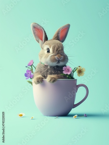 Cute little white bunny in a tea cup on pastel background. Abstract minimal Easter concept.  © LyubaAlex