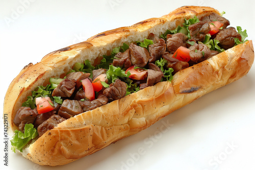 photo de sandwich appétissant,  pain, viande de bœuf, crudités, salade, tomate, oignon photo