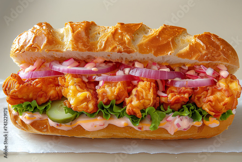 photo de sandwich appétissant,  pain, poulet croustillant, sauce, crudités, salade, tomate, oignon  photo