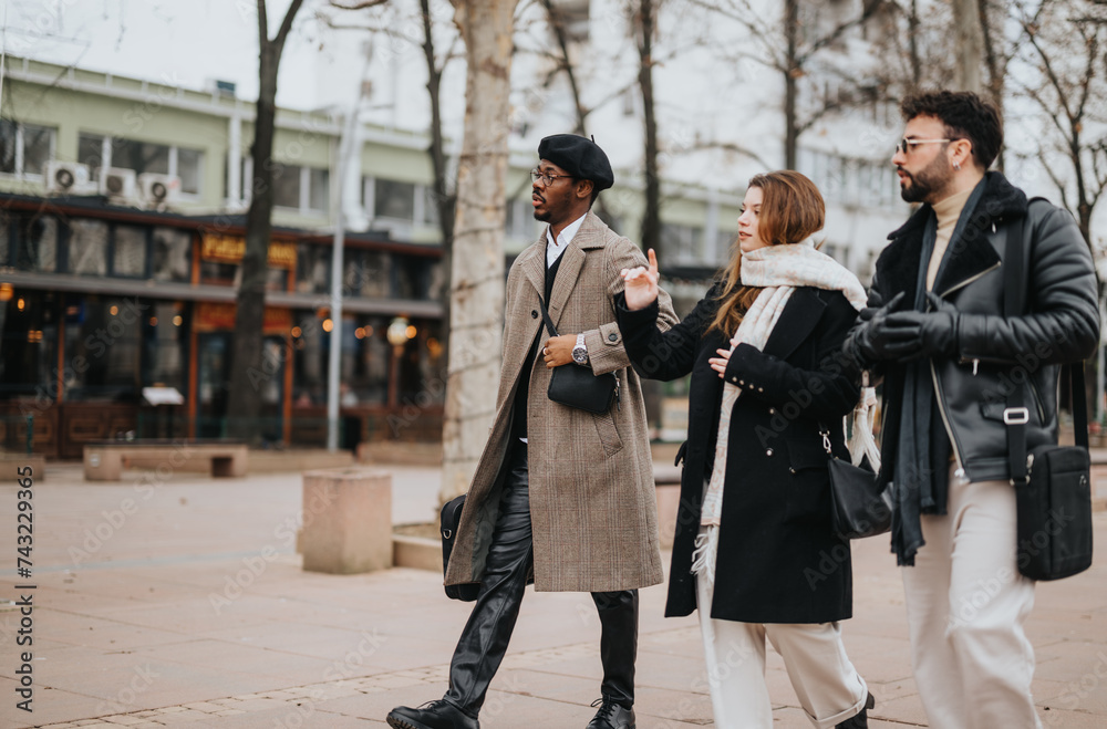 Dynamic team of young entrepreneurs discussing business projects outdoors in urban setting. Dynamic team of young entrepreneurs discussing business projects outdoors in urban setting.