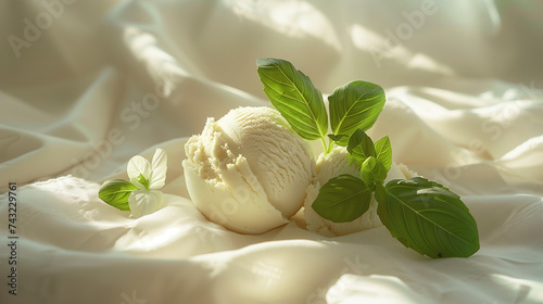On a white surface, a single scoop of vanilla gelato ice cream is delicately garnished with a fresh basil leaf, creating gentle shadows that enhance its presentation.
