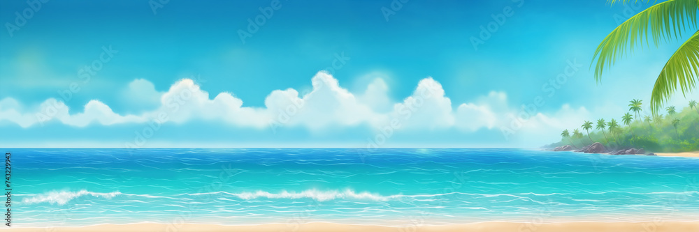A tranquil scenery of a sandy beach with a towering palm tree, rolling waves, and a beautiful horizon on a summer day
