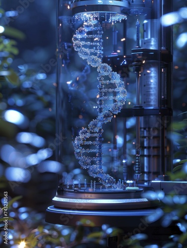 Gene sequencing technology, showcasing a high-throughput sequencer and DNA helix models, with the scene set against a deep indigo background.