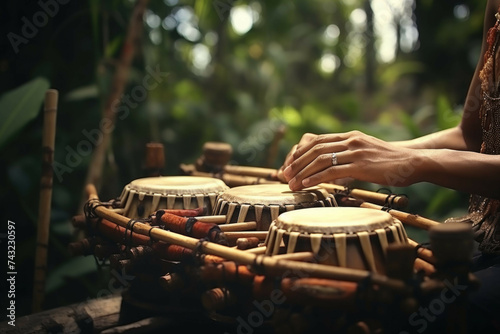 Close-up of hands playing traditional bamboo musical instruments in a serene outdoor setting photo