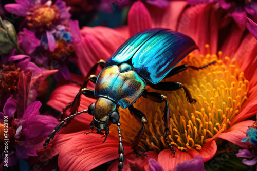 Close-up of a beetle on a colorful flower petal.