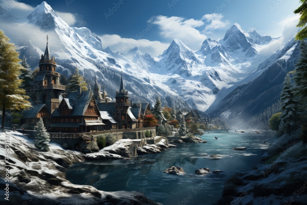 A snowy mountain village in winter