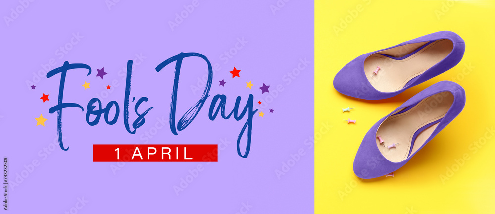 Naklejka premium Heels with pins on color background. April Fools' Day celebration
