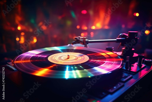Vintage record player spinning a vinyl record with colorful lights creating a vibrant atmosphere.