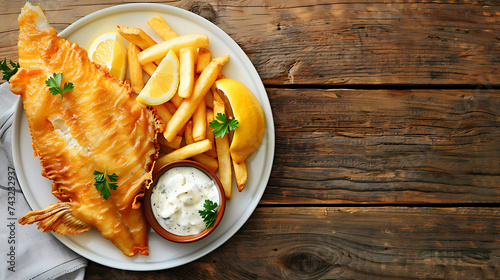A plate of fish and chips served on a rustic wooden table, golden-brown crispy batter covering tender white fish