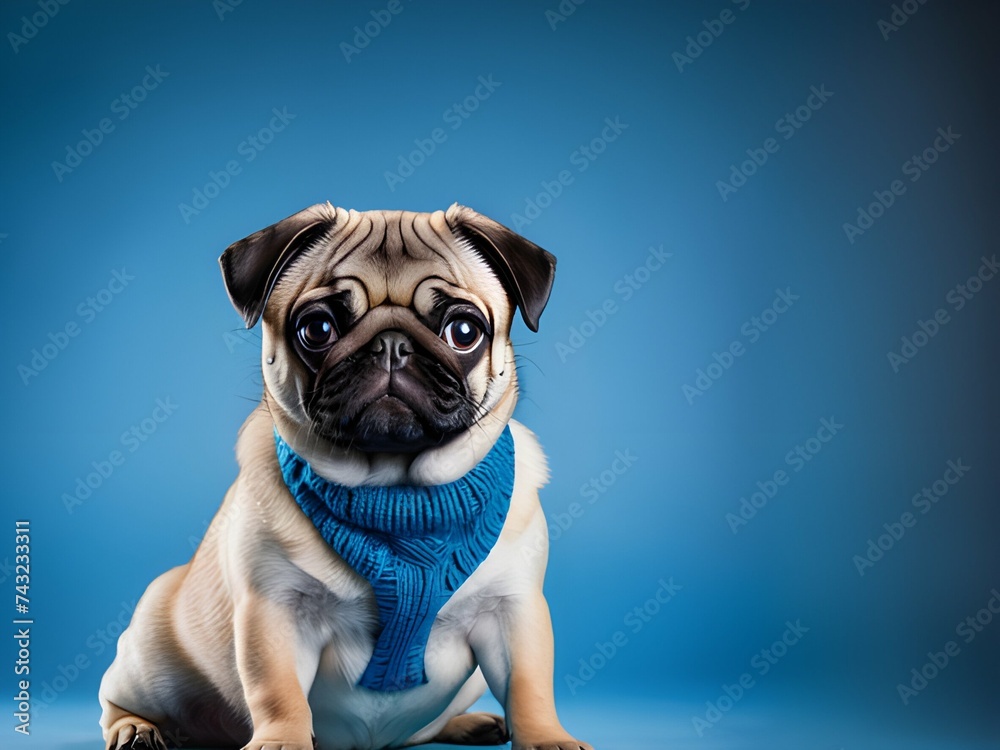Adorable pug dog posing on blue background  with copyspace