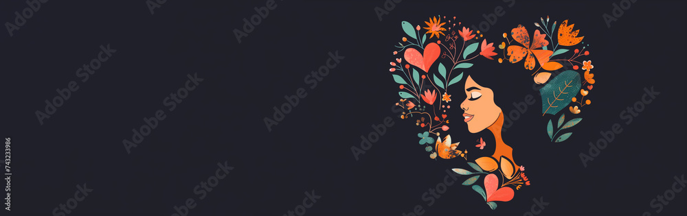 Female profile in a heart among flowers. Celebrating Womanhood and Spring - An Artistic Tribute for International Womens Day. Banner, copy space. Illustration for March 8, feminism. Flat illustration.