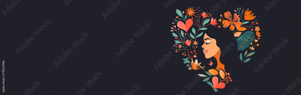 Female profile in a heart among flowers. Celebrating Womanhood and Spring - An Artistic Tribute for International Womens Day. Banner, copy space. Illustration for March 8, feminism. Flat illustration. Female profile in a heart among flowers. Celebrating Womanhood and Spring - An Artistic Tribute for International Womens Day. Banner, copy space. Illustration for March 8, feminism. Flat illustration.