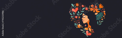 Female profile in a heart among flowers. Celebrating Womanhood and Spring - An Artistic Tribute for International Womens Day. Banner  copy space. Illustration for March 8  feminism. Flat illustration.