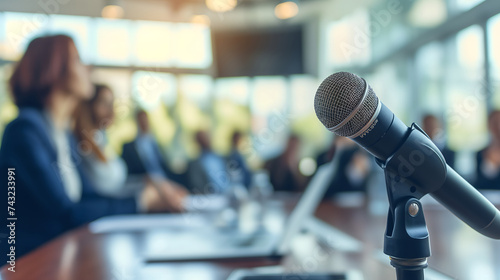A closeup of a microphone in a conference room and positioned on a table, with people engaged in a business meeting visible in the background, a corporate communications concept
