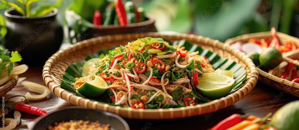 A wooden table is covered with bowls filled with traditional Thai food, including Lotus Stem Salad and spicy green dishes. The vibrant colors and textures of the food create an enticing display.