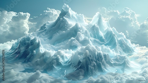 3D image, mountain surrounded by clouds, rendered in a physically rendered style, translucent material, flowing lines, abstract and conceptual sketch showing the style of mountains and clouds, immersi