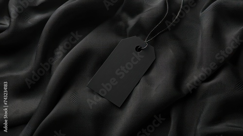 Clothing label on black garment, space for text photo