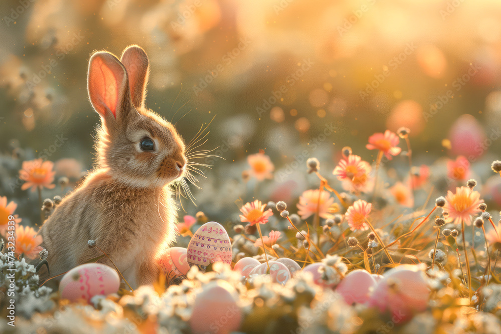 Cute rabbits and eggs are sharing their joy in a colorful garden filled with spring flowers filled with the blessings of Easter. Cute rabbits and eggs are sharing their joy in a colorful garden filled with spring flowers filled with the blessings of Easter.