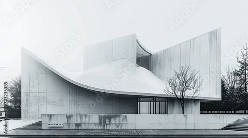 A concrete small building with a shape repeated three times, in city, in the style of precise nautical detail, dark white and gray, danube school, metallic surfaces, geometric shapes & patterns, desig photo