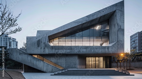 A concrete small building with a shape repeated three times, in city, in the style of precise nautical detail, dark white and gray, danube school, metallic surfaces, geometric shapes & patterns, desig