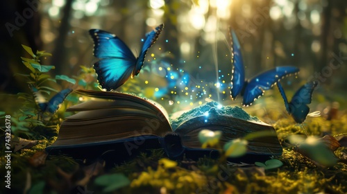 Fairy tale butterflies fly from a magic book lying on an old wooden bench in the park. Fantastic glowing backgrounds with sunny bokeh beauty © Ibad