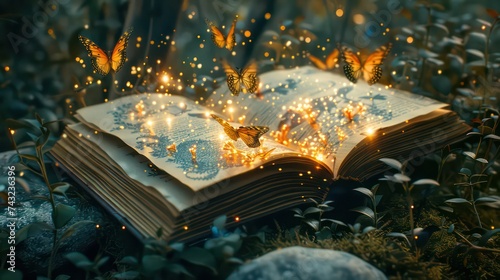 Magical image of open antique book with glitter lights and butterflies flying from it