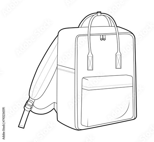 Adventure backpack silhouette bag with handle. Fashion accessory technical illustration. Vector schoolbag 3-4 view for Men, women, unisex style, flat handbag CAD mockup sketch outline isolated