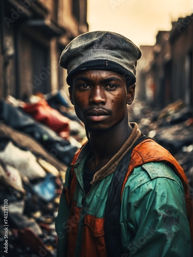 Portrait of young immigrant man working as garbage collecto from Generative AI photo