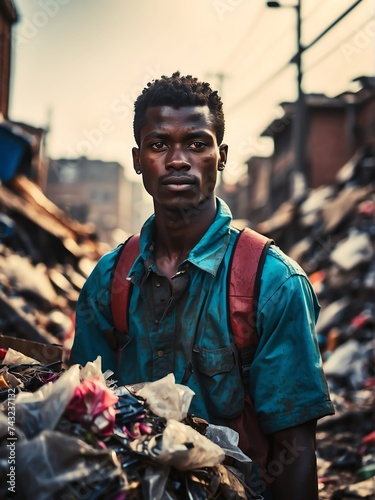 Portrait of young immigrant man working as garbage collecto from Generative AI photo
