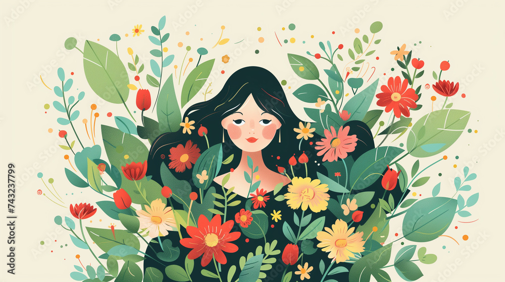 Woman Surrounded by Flowers and Leaves on Womens Day. Illustration for March 8, spring mood, feminism.