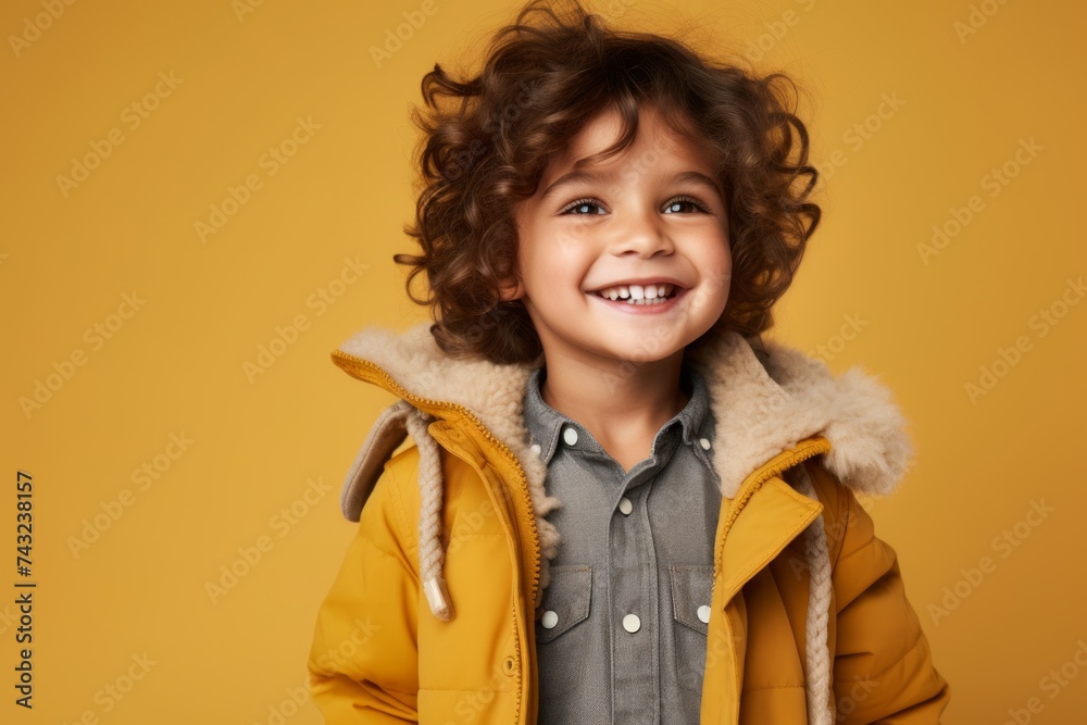 Portrait of a cute little girl with curly hair in yellow coat on yellow background Portrait of a cute little girl with curly hair in yellow coat on yellow background